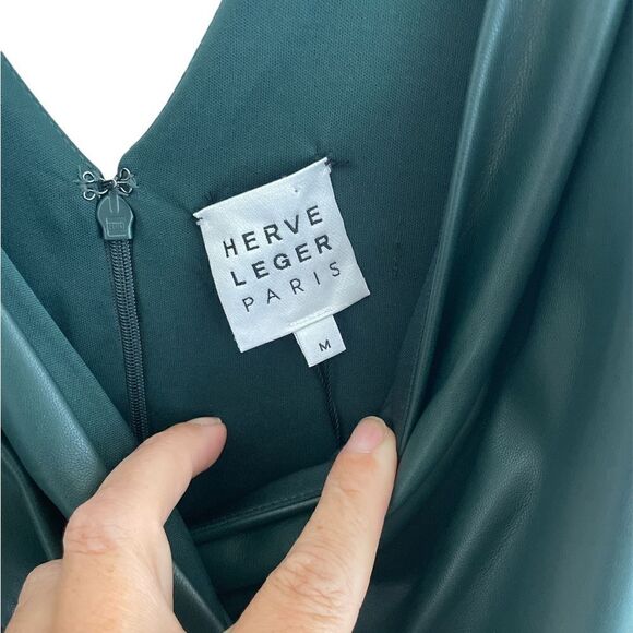 NWT Herve Leger Paris Vegan Leather Draped Dress M in Alpine Green - Picture 7 of 10